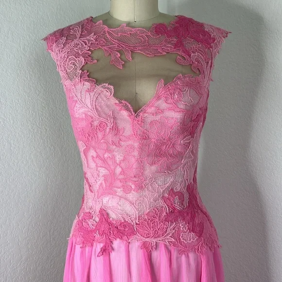 Tadashi Shoji Ines Lace Sheer Floral Open Backless Rose Silk Dress
